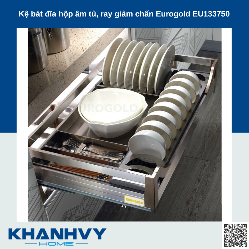 Kệ bát đĩa hộp âm tủ, ray giảm chấn Eurogold EU133750