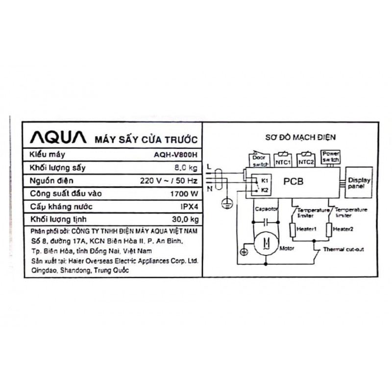 Máy sấy thông hơi Aqua 8 kg AQH-V800H SS