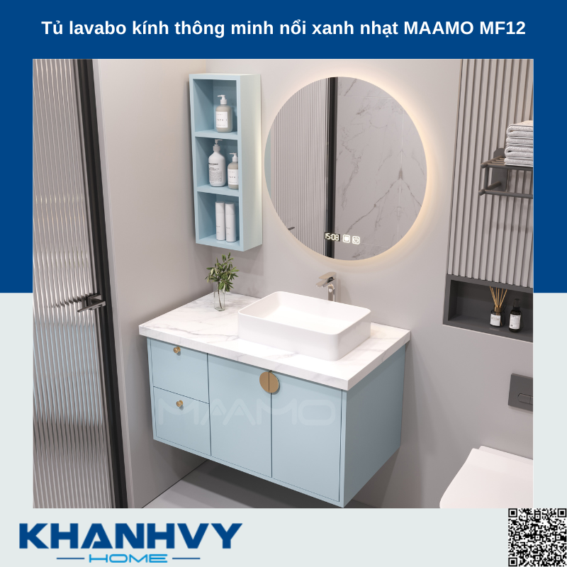 Tủ lavabo kính thông minh nổi xanh nhạt MAAMO MF12