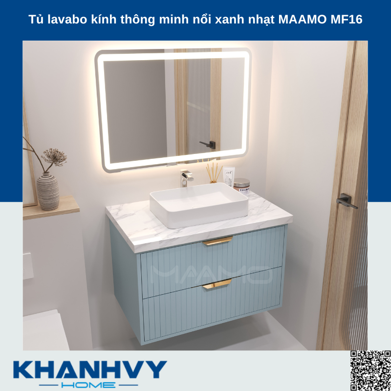 Tủ lavabo kính thông minh nổi xanh nhạt MAAMO MF16