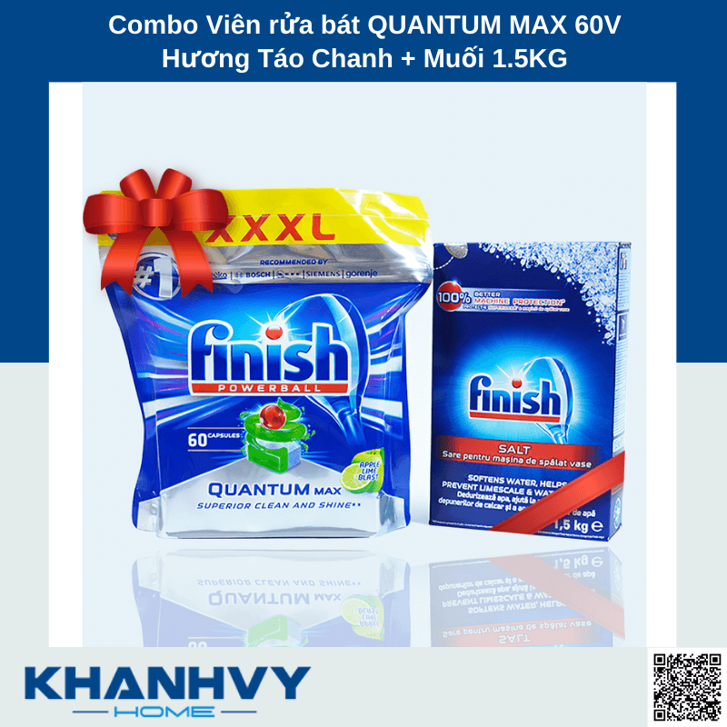 Combo Viên rửa bát Finish QUANTUM MAX 60V Hương Táo Chanh + Muối 1.5KG
