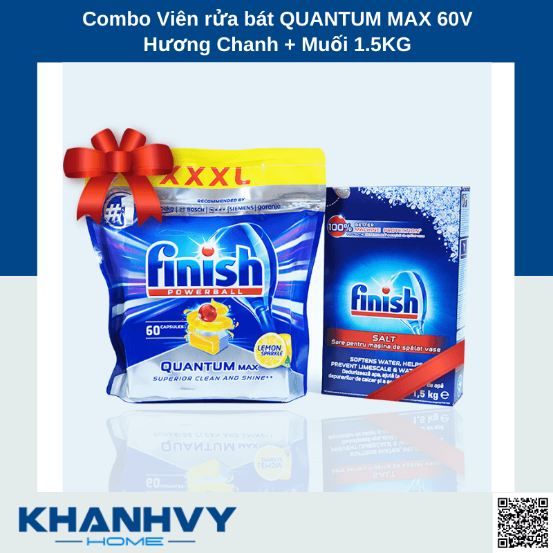 Combo Viên rửa bát Finish QUANTUM MAX 60V Hương Chanh + Muối 1.5KG