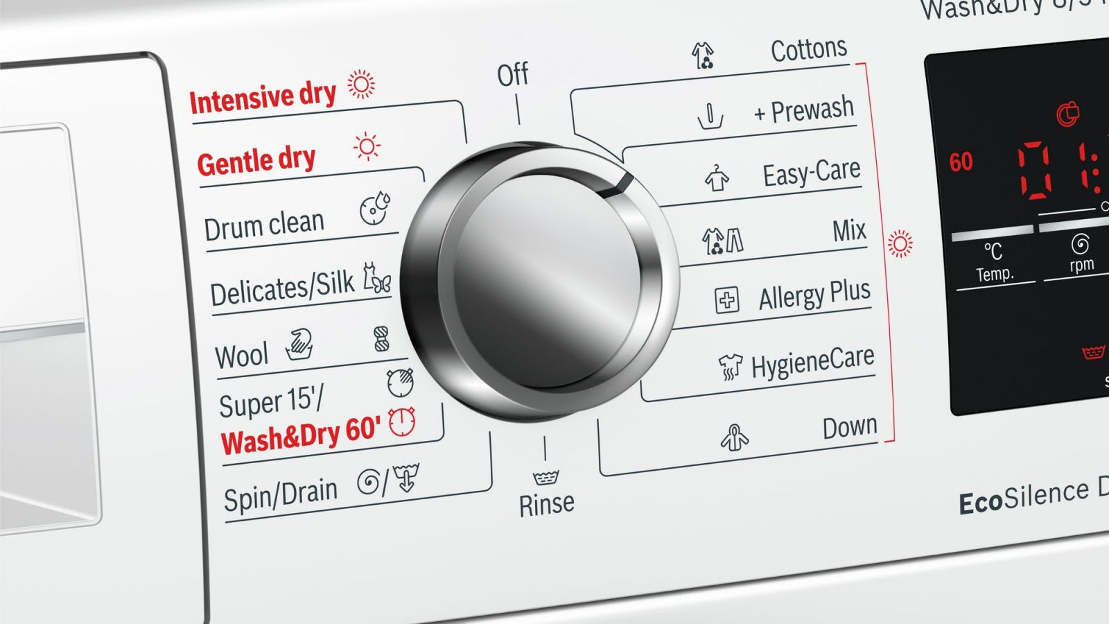  Máy giặt sấy Bosch WVG30462SG được trang bị nút vặn và màn hình LED lớn dễ thao tác và chọn lựa các chương trình giặt