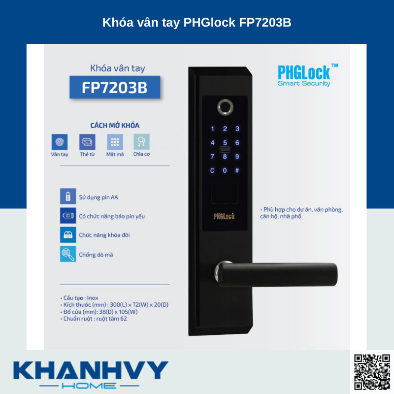 Sản phẩm khóa vân tay PHGlock FP7203B - L |A sở hữu thiết kế hiện đại với khóa màu đen và mặt khóa cảm ứng sang trọng