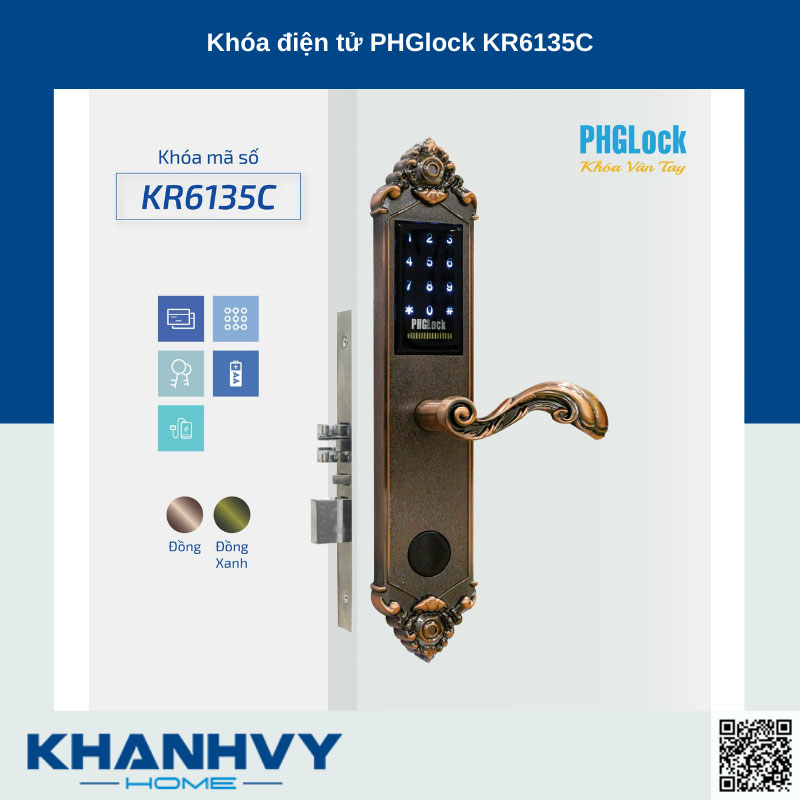 Sản phẩm khóa điện tử PHGlock KR6135C - L |A sở hữu thiết kế hiện cổ điển sang trọng và mặt khóa cảm ứng hiện đại