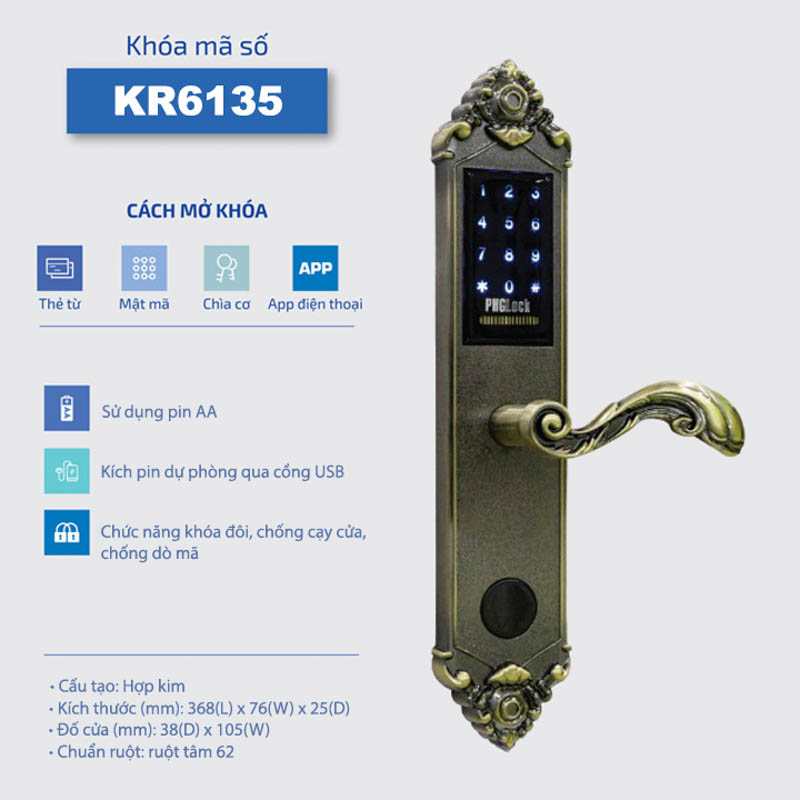 Sản phẩm khóa điện tử PHGlock KR6135G-BR - L |A sở hữu thiết kế hiện cổ điển sang trọng và mặt khóa cảm ứng hiện đại
