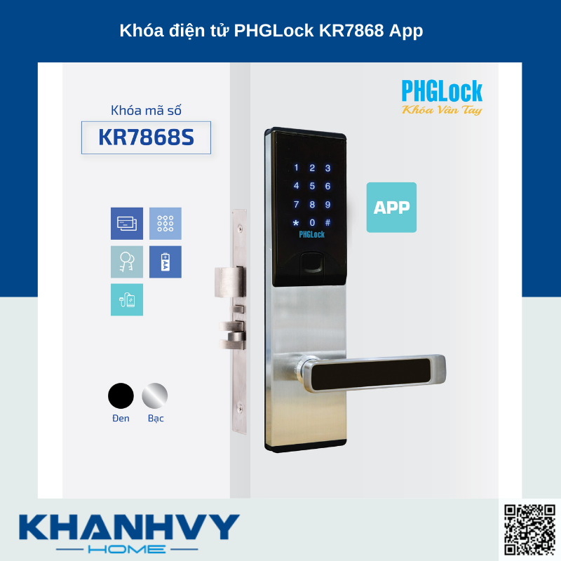 Sản phẩm khóa điện tử PHGLock KR7868SS - R App |A sở hữu thiết kế hiện đại với khóa màu đen và mặt khóa cảm ứng sang trọng