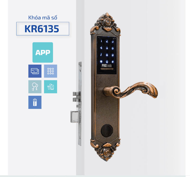 Sản phẩm khóa điện tử PHGlock KR6135 - R APP |A sở hữu thiết kế hiện cổ điển sang trọng và mặt khóa cảm ứng hiện đại