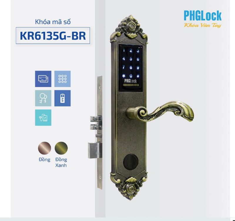 Sản phẩm khóa điện tử PHGlock KR6135G-BR - R |A sở hữu thiết kế hiện cổ điển sang trọng và mặt khóa cảm ứng hiện đại