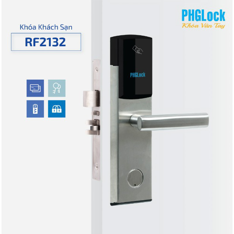 Khóa khách sạn PHGlock RF2132 - R là điểm nhấn cho cánh cửa bởi sự sáng bóng của chất liệu inox ánh bạc