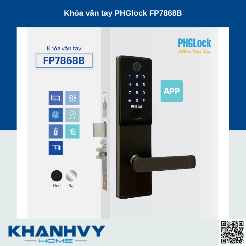 Sản phẩm khóa vân tay PHGlock FP7868B - L APP |A sở hữu thiết kế hiện đại với khóa màu đen và mặt khóa cảm ứng sang trọng