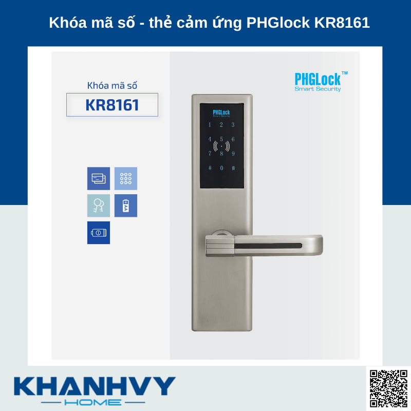 Sản phẩm khóa mã số - thẻ cảm ứng PHGlock KR8161S-R sở hữu thiết kế hiện đại với khóa màu bạc và mặt khóa cảm ứng sang trọng
