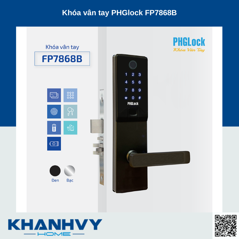 Sản phẩm khóa vân tay PHGlock FP7868B - R |A sở hữu thiết kế hiện đại với khóa màu đen và mặt khóa cảm ứng sang trọng