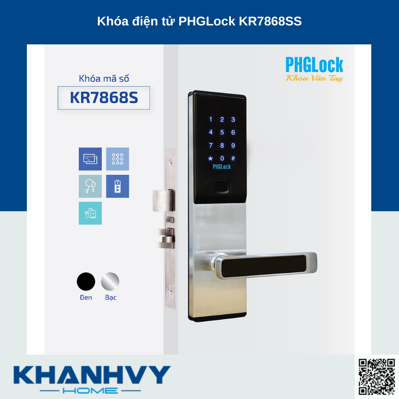 Sản phẩm khóa điện tử PHGLock KR7868SS - L |A sở hữu thiết kế hiện đại với khóa màu đen và mặt khóa cảm ứng sang trọng