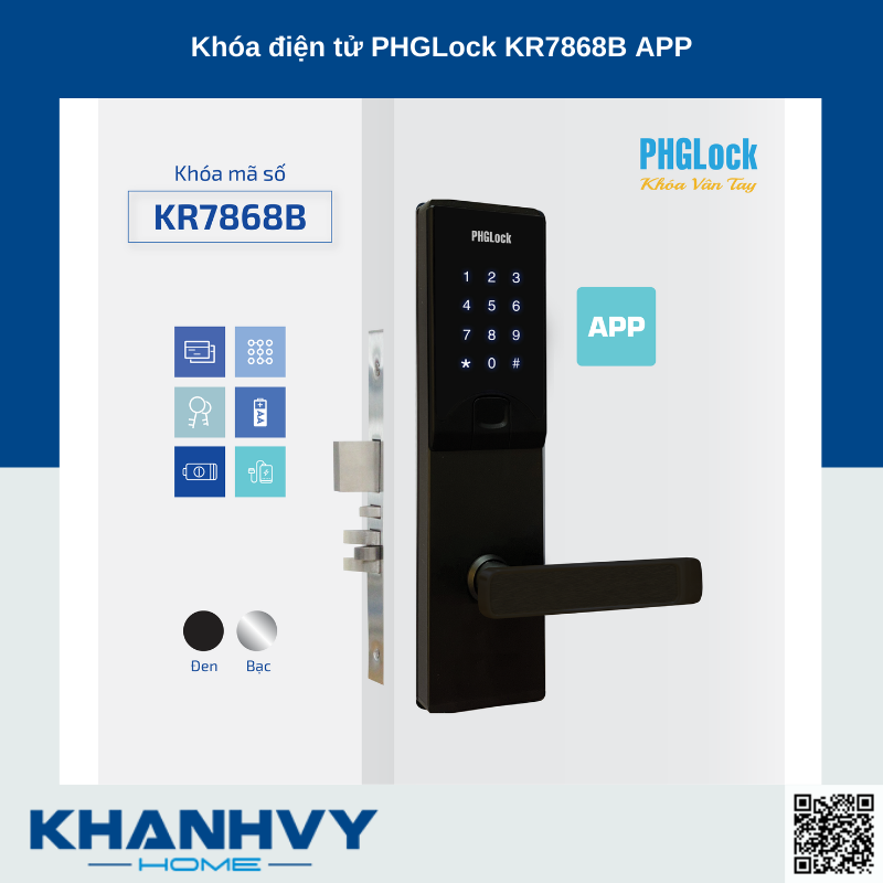 Sản phẩm khóa điện tử PHGLock KR7868B - L App |A sở hữu thiết kế hiện đại với khóa màu đen và mặt khóa cảm ứng sang trọng
