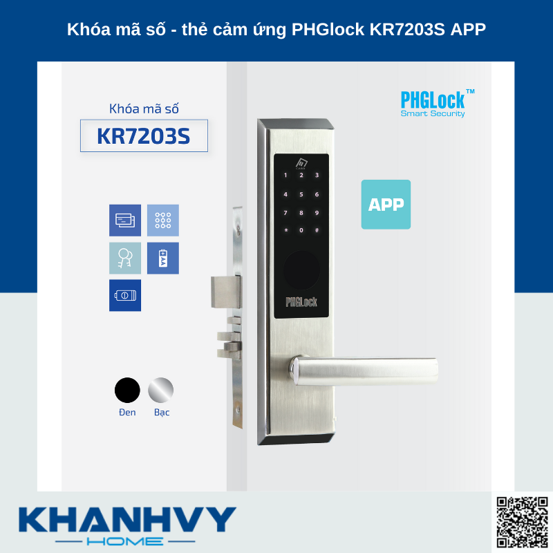 Sản phẩm khóa mã số - thẻ cảm ứng PHGlock KR7203S - L App |A sở hữu thiết kế hiện đại với với mặt khóa cảm ứng sang trọng