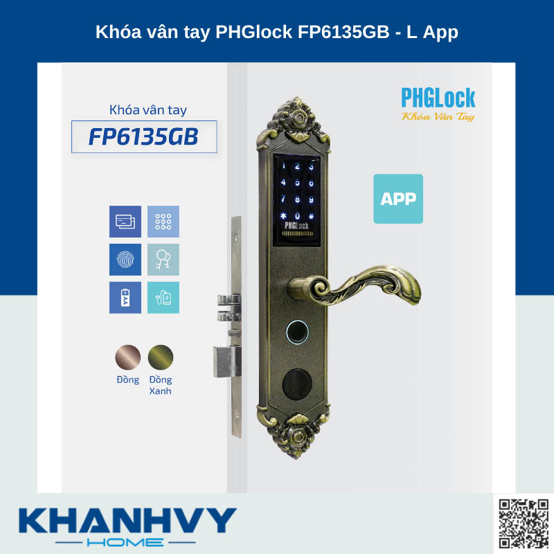 Khóa vân tay PHGlock FP6135GB - L APP |A sở hữu thiết kế hiện cổ điển sang trọng và mặt khóa cảm ứng hiện đại