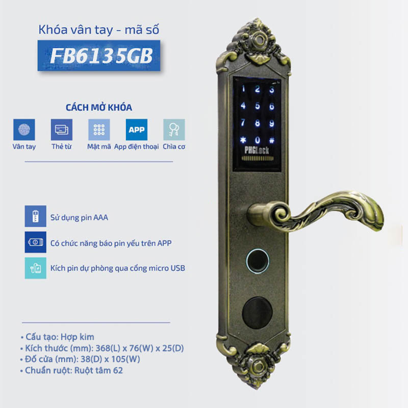 Khóa vân tay PHGlock FP6135C - R APP |A mở khóa bằng vân tay, thẻ từ, mật mã, App điện thoại, chìa cơ