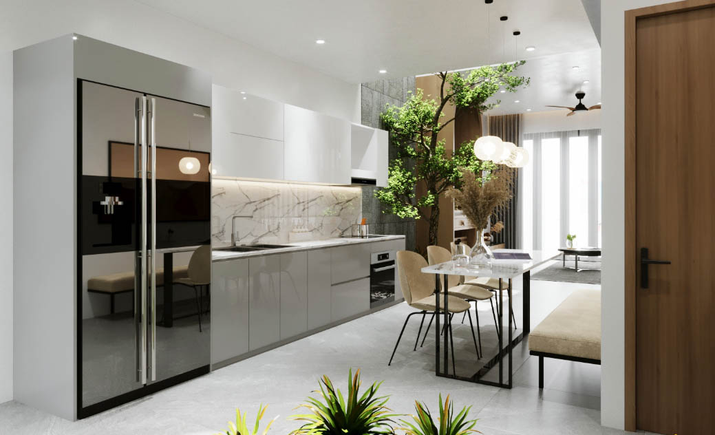 Mẫu nhà bếp đẹp có cây xanh góp phần làm tràn đầy sức sống