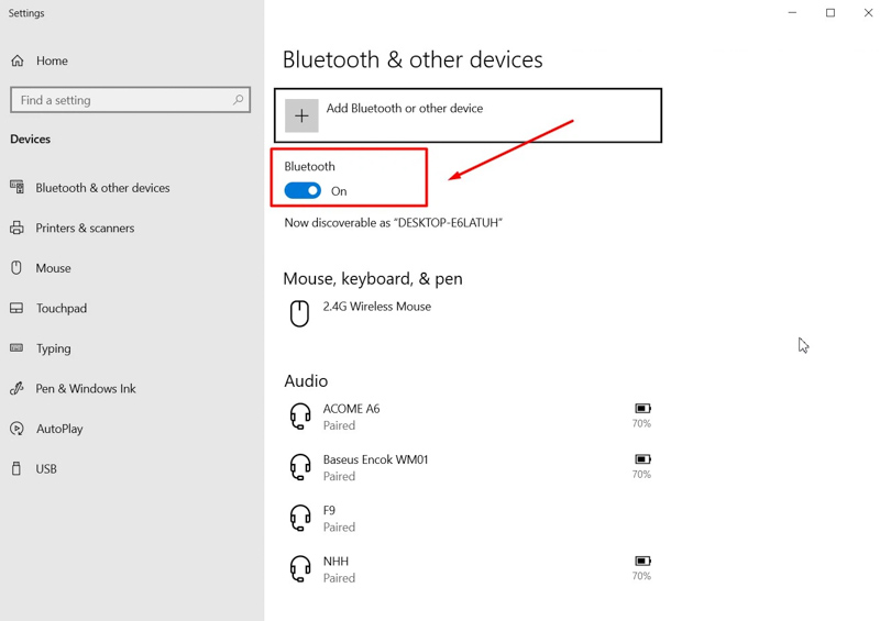 Bật Bluetooth trên máy tính bằng cách nhấp vào nút bật/tắt