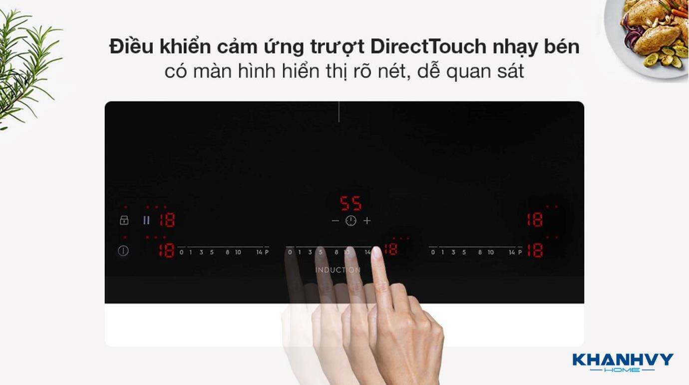 Bếp từ 3 vùng cảm ứng 90cm EIT913 dễ sử dụng với bảng điều khiển cảm ứng trượt DirectTouch nhanh nhạy cùng màn hình hiển thị rõ ràng