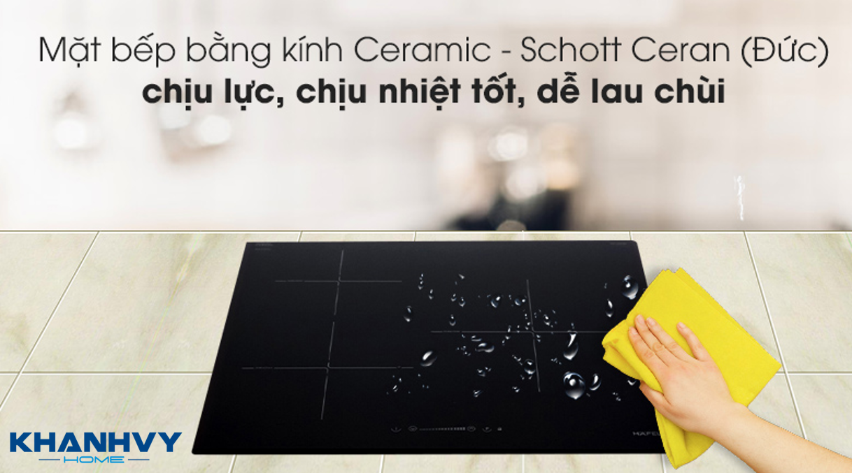 Mặt bếp được làm từ kính Schott Ceran cao cấp chịu lực, chịu nhiệt, chống trầy xước tốt và dễ dàng vệ sinh