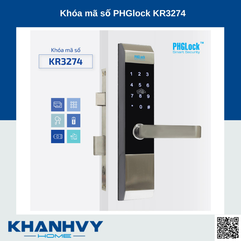 Sản phẩm khóa mã số PHGlock KR3274 sở hữu thiết kế hiện đại với khóa màu bạc và mặt khóa cảm ứng sang trọng