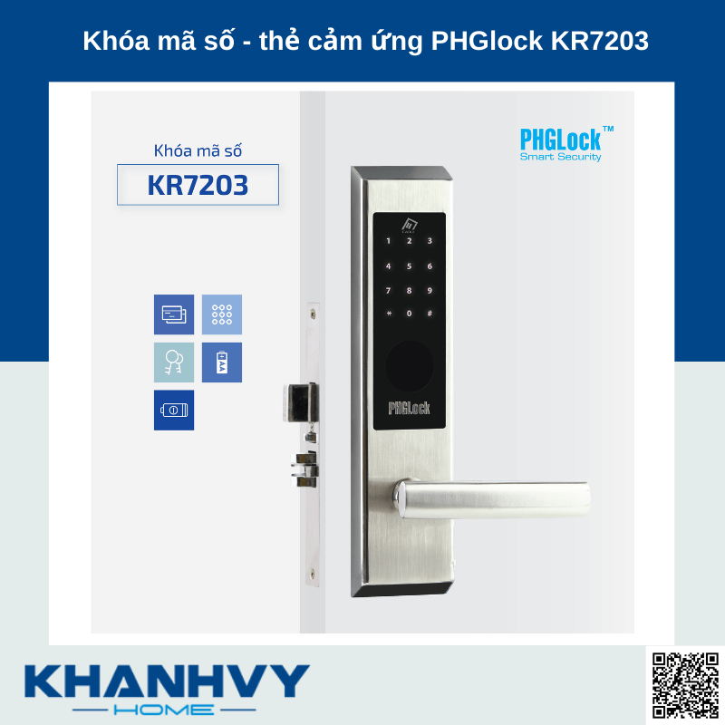 Sản phẩm khóa mã số - thẻ cảm ứng PHGlock KR7203S - L |A sở hữu thiết kế hiện đại với với mặt khóa cảm ứng sang trọng