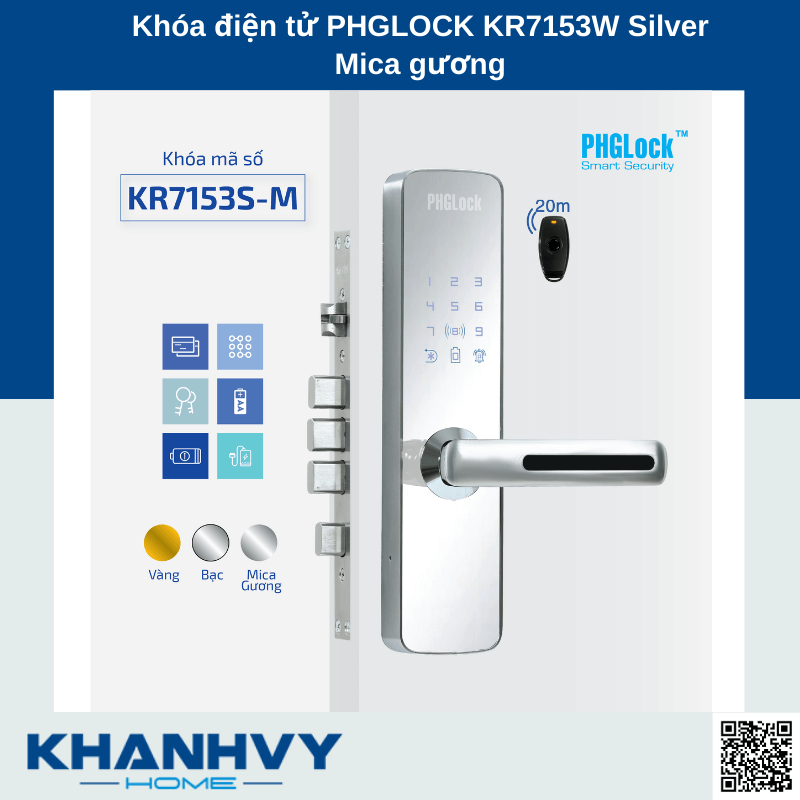 Sản phẩm khóa điện tử PHGLock KR7153WS-MS Silver Mica gương sở hữu thiết kế tinh tế và sang trọng