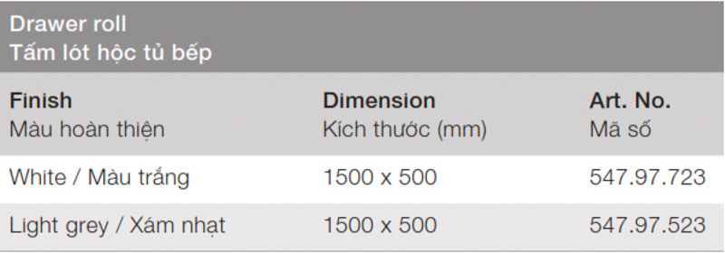 Thông số kỹ thuật tấm lót hộc tủ bếp – Màu xám nhạt Hafele 547.97.523