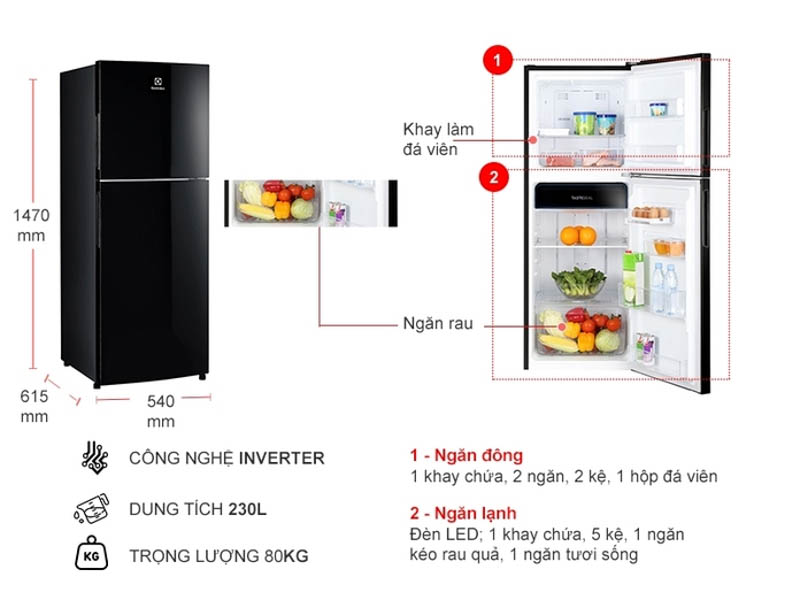 Thông số tủ lạnh Electrolux 225L ETB2502J-H