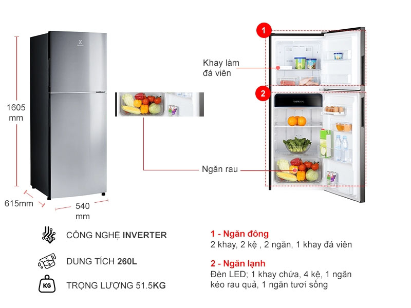 Thông số tủ lạnh Electrolux 256L ETB2802J-A