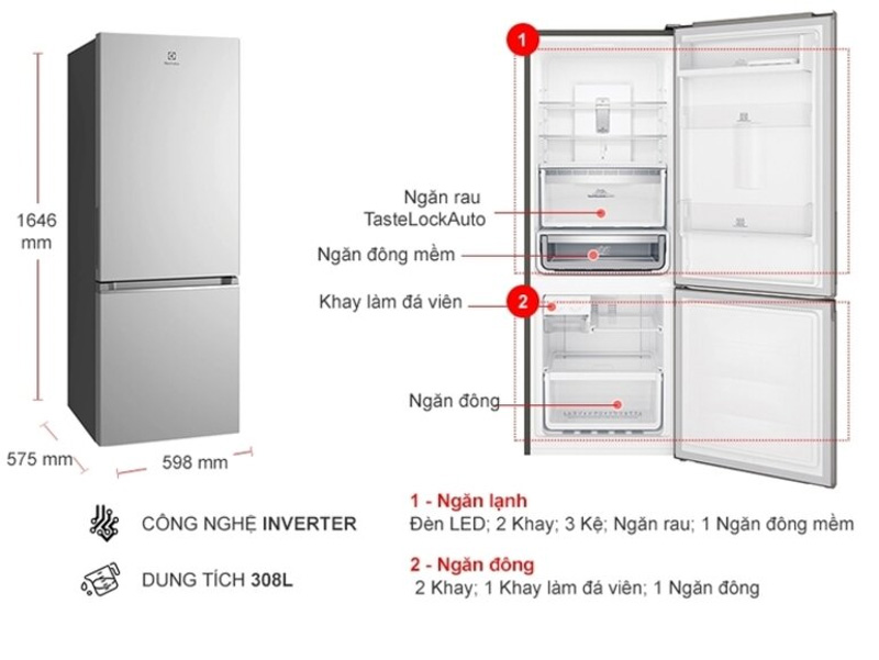 Thông số tủ lạnh Electrolux 250L EBB2802H-H