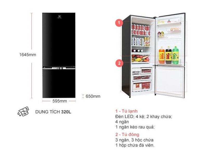 Thông số tủ lạnh Electrolux 320L EBB3400H-H