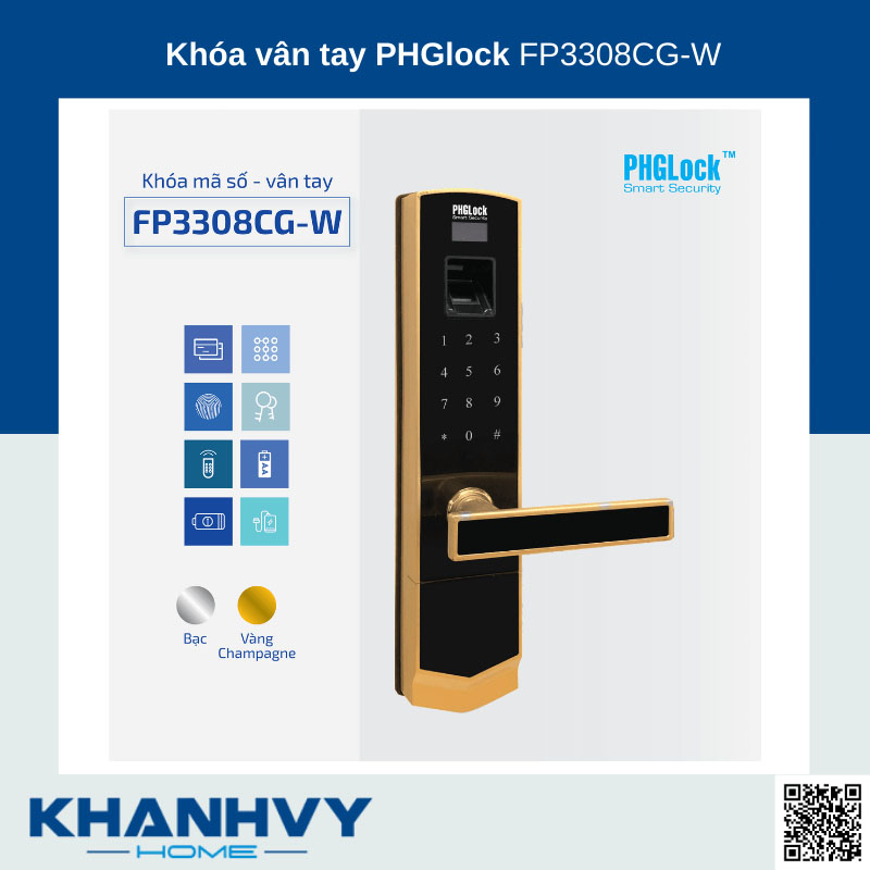Sản phẩm khóa vân tay PHGlock FP3308CG-W Remote sở hữu thiết kế tinh tế và sang trọng