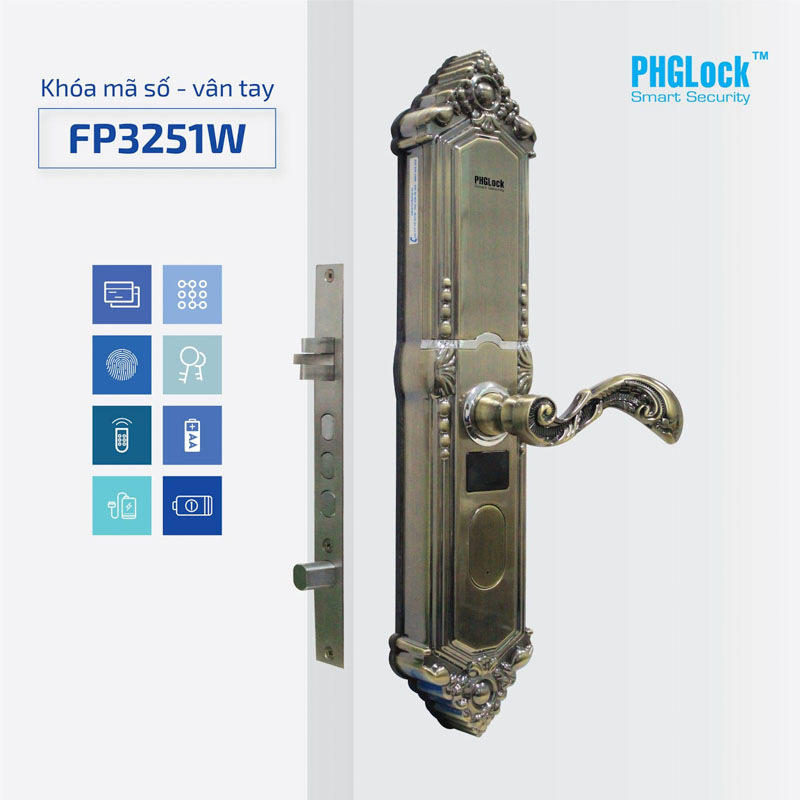 Sản phẩm khóa vân tay PHGlock FP3251W DAB sở hữu thiết kế hiện cổ điển sang trọng và mặt khóa cảm ứng hiện đại