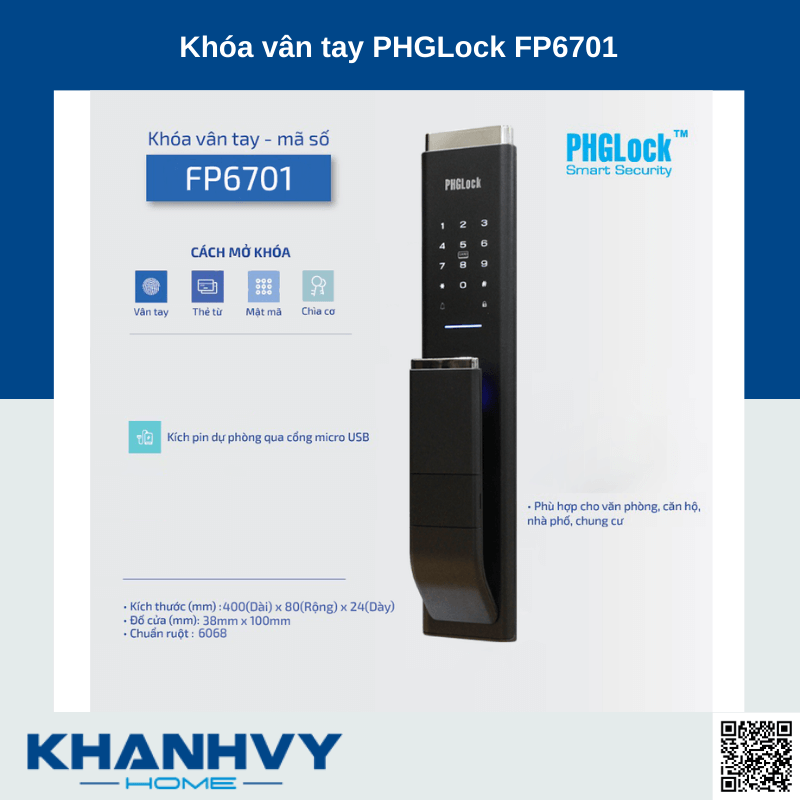 Sản phẩm khóa vân tay PHGlock FP6701 sở hữu thiết kế hiện đại và sang trọng