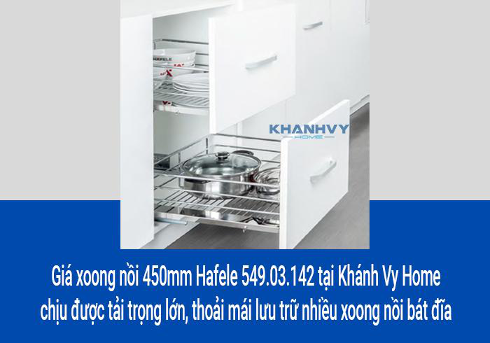 Giá xoong nồi 450mm Hafele 549.03.142 tại Khánh Vy Home chịu được tải trọng lớn, thoải mái lưu trữ nhiều xoong nồi bát đĩa