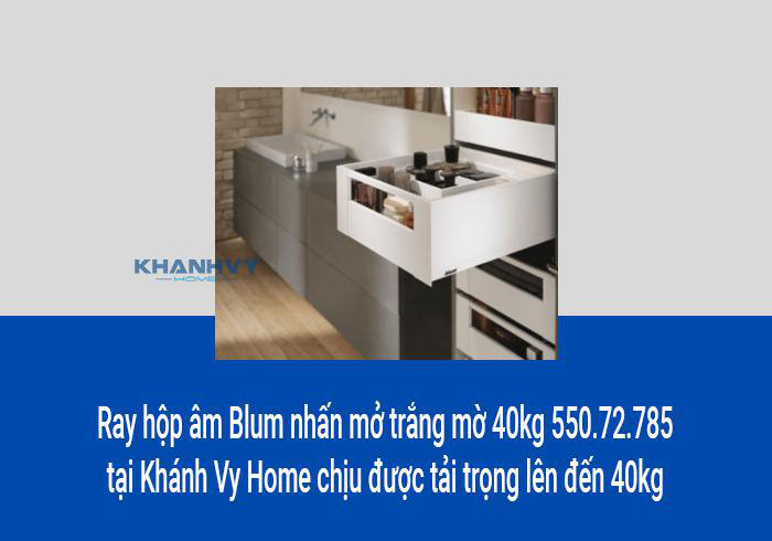Ray hộp âm Blum nhấn mở trắng mờ 40kg 550.72.785 tại Khánh Vy Home chịu được tải trọng lên đến 40kg