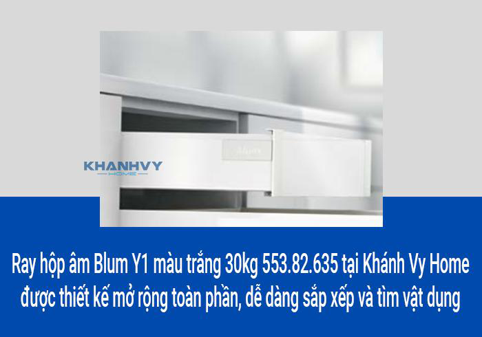 Ray hộp âm Blum Y1 màu trắng 30kg 553.82.635 tại Khánh Vy Home được thiết kế mở rộng toàn phần, dễ dàng sắp xếp và tìm vật dụng