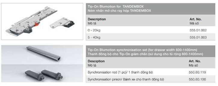 Các phụ kiện nhấn mở dùng cho ray hộp âm Blum Y1 màu trắng 30kg 553.82.635 tại Khánh Vy Home