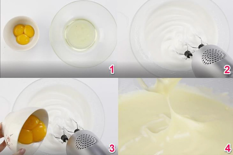 Bước 2: Đánh trộn trứng để tạo thành hỗn hợp mềm, mịn, có chóp khi nhấc máy đánh trứng lên