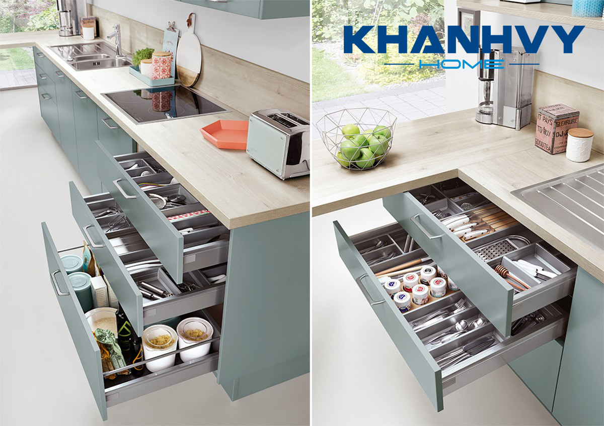 Trang bị phụ kiện tủ bếp thông minh giúp tối ưu công năng cho tủ bếp dài 2m