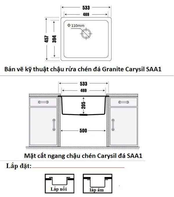 Thông số kỹ thuật và bản vẽ kỹ thuật Chậu rửa chén Carysil SAA1-04
