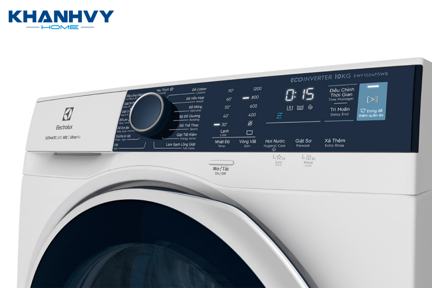 Máy giặt dễ sử dụng nhờ bảng điều khiển song ngữ Anh – Việt, núm xoay cùng phím cảm ứng và màn hình hiển thị hiện đại, cùng với 15 chương trình giặt giũ