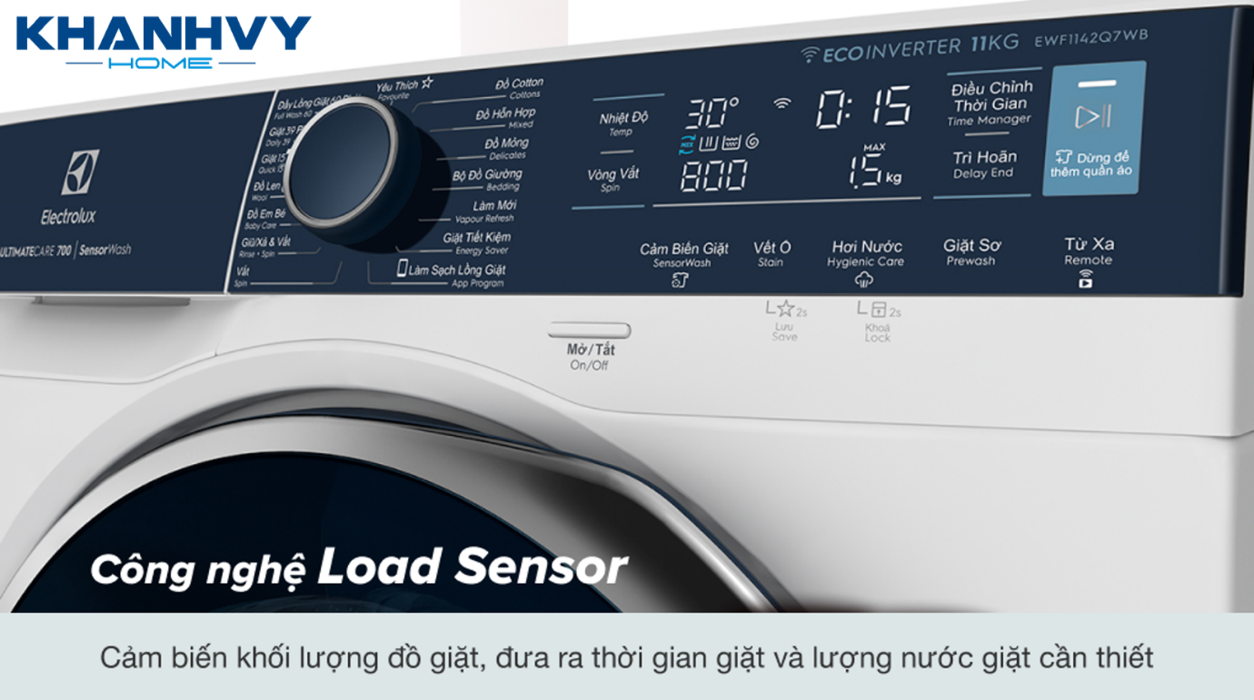 Công nghệ cảm biến Load Sensor có khả năng cảm biến khối lượng đồ giặt để đưa ra thời gian giặt và lượng nước giặt cần thiết