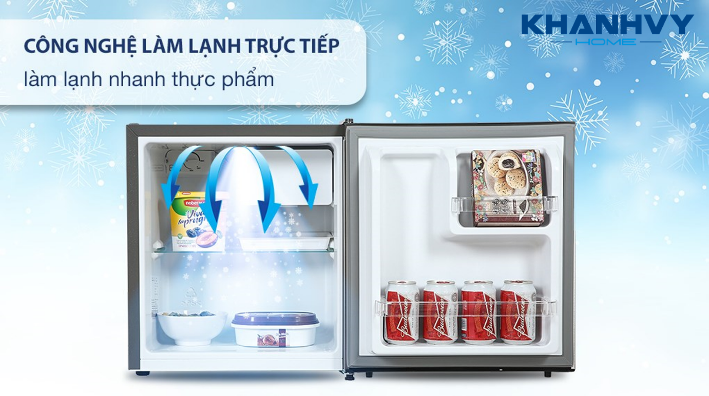 Tủ lạnh mini sử dụng công nghệ làm lạnh trực tiếp nên hơi lạnh nhanh chóng lan tỏa khắp mọi vị trí trong ngăn tủ, giúp thực phẩm tươi lâu hơn