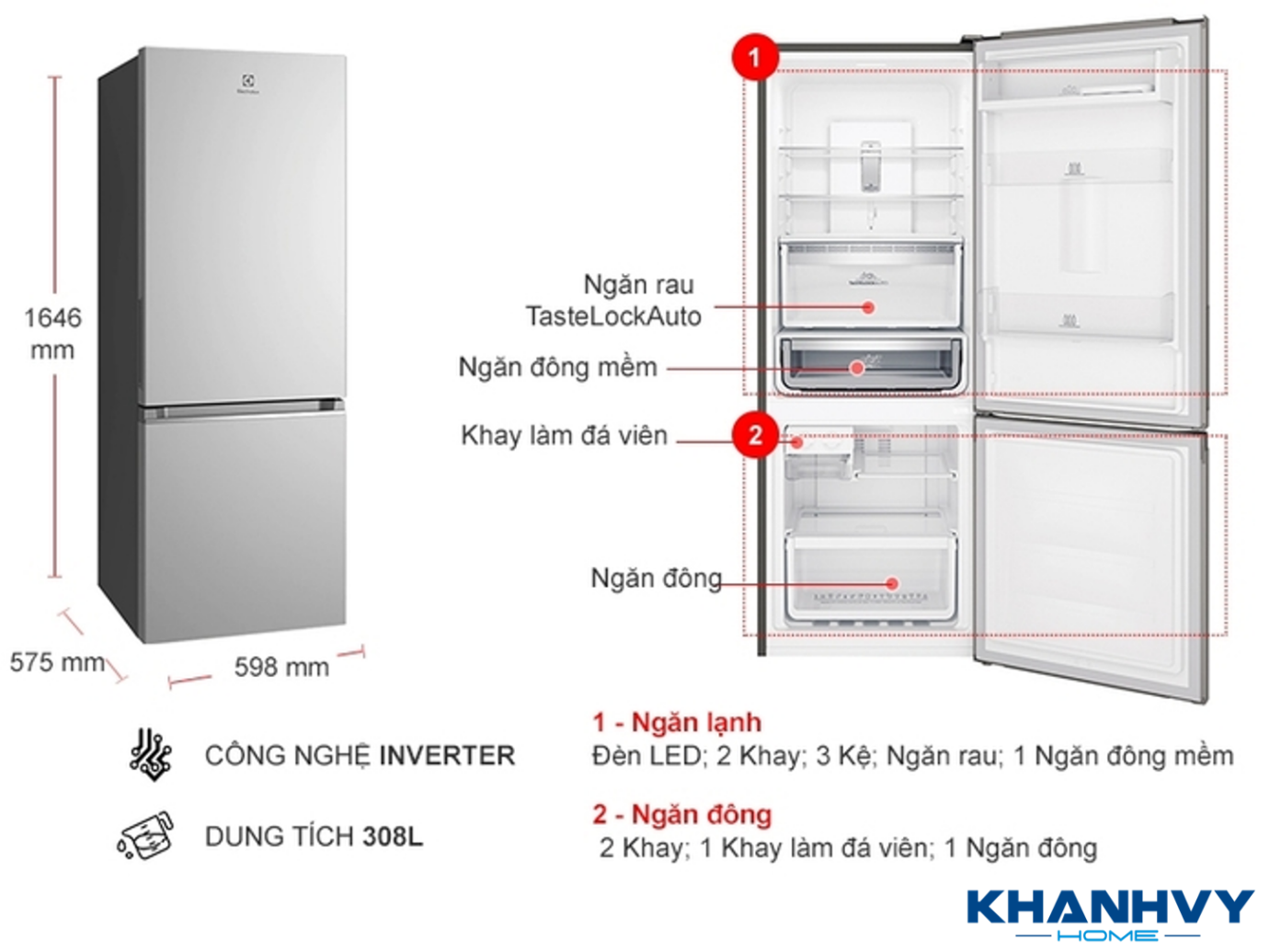 Tủ lạnh Electrolux EBB3402K-A được thiết kế ngăn đông dưới hiện đại với nhiều công nghệ ưu việt