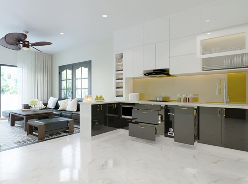 Tủ bếp acrylic thiết kế mở với phòng khách trông rộng rãi hơn