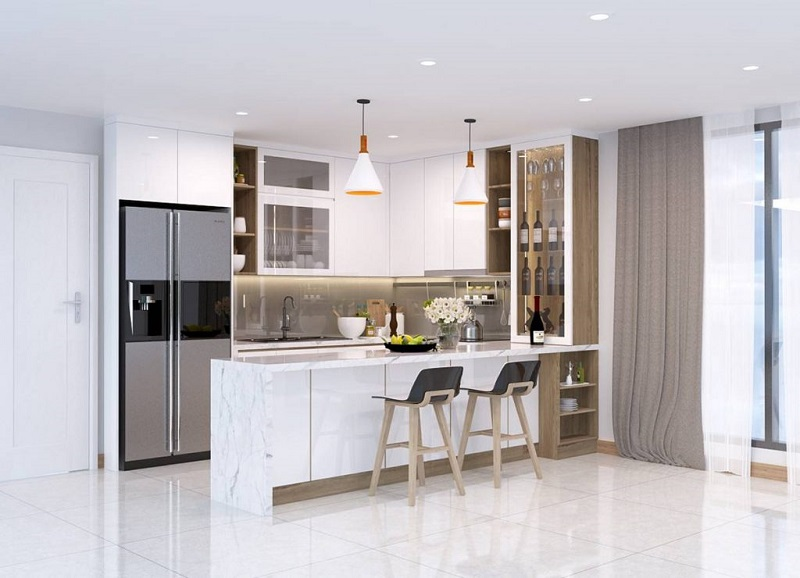 Đối với không gian bếp nhỏ chúng ta nên chọn tủ bếp chữ L có tông màu trắng sáng để tạo cảm giác rộng rãi hiệu quả.